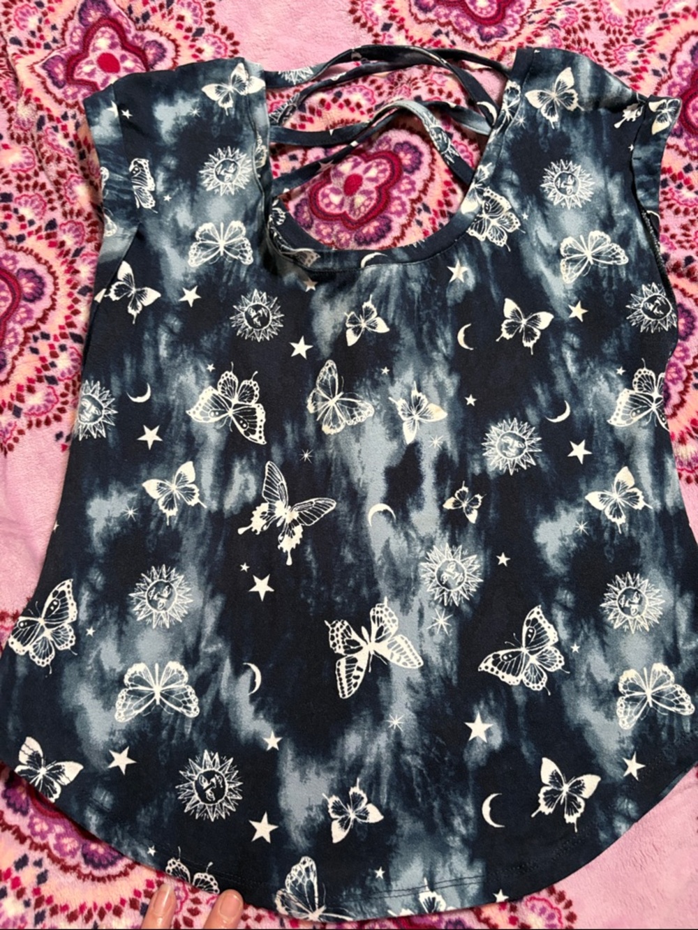 Strappy Back Butterfly & Celestial Print Top in Navy - Picture 2 of 3
